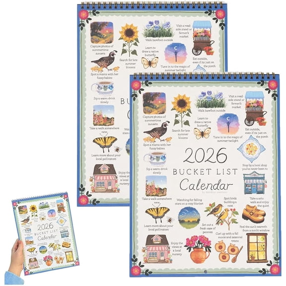 2026 Bucket List Calendar, 2026 Wall Calendar 12 Month Inspirational, Motivational Artwork & Seasonal Adventures, Gentle Daily Prompts for Mindful Living & Simple Joys, Gift for Friends (2pcs)