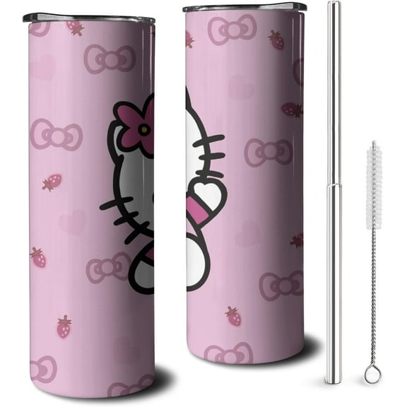 20 Oz Hello Kawaii cat Cute Stainless Steel Insulated Cup Thermal Skinny Tumblers Travel Coffee Mug with Metal Straw and Lid