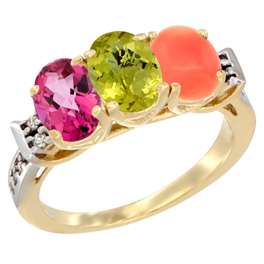 14K Yellow Gold Natural Pink Topaz, Lemon Quartz & Coral Ring 3-Stone Oval 7x5 mm Diamond Accent, sizes 5 10 by WorldJewels