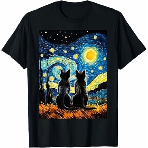 Greenink Cat Starry Night Van Gogh T-Shirt Gift for Cat Lover Mom & Dad Shirt Unisex Crewneck Short Sleeve Graphic Tees