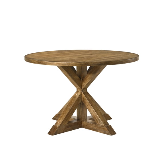 Weathered Oak Finish Round Dining Table with X-Shape Pedestal Base for Modern Spaces