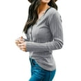 thumbnail image 3 of Women Button Up V Neck Solid Color Long Sleeve Stripe Shirt, 3 of 7