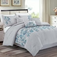 thumbnail image 2 of JML King Comforter Set 7 piece, Blue & Grey, Embroidered Floral Design Comforter, 2 of 6