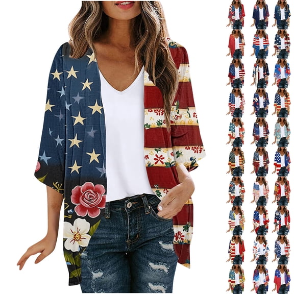 Eiyaclvo 4th of July Cover Up for Women Indenpendence Day American Flag Print Kimono Cardigan 3/4 Sleeve Sheer Beach Cover Ups Patriotic Swimwear