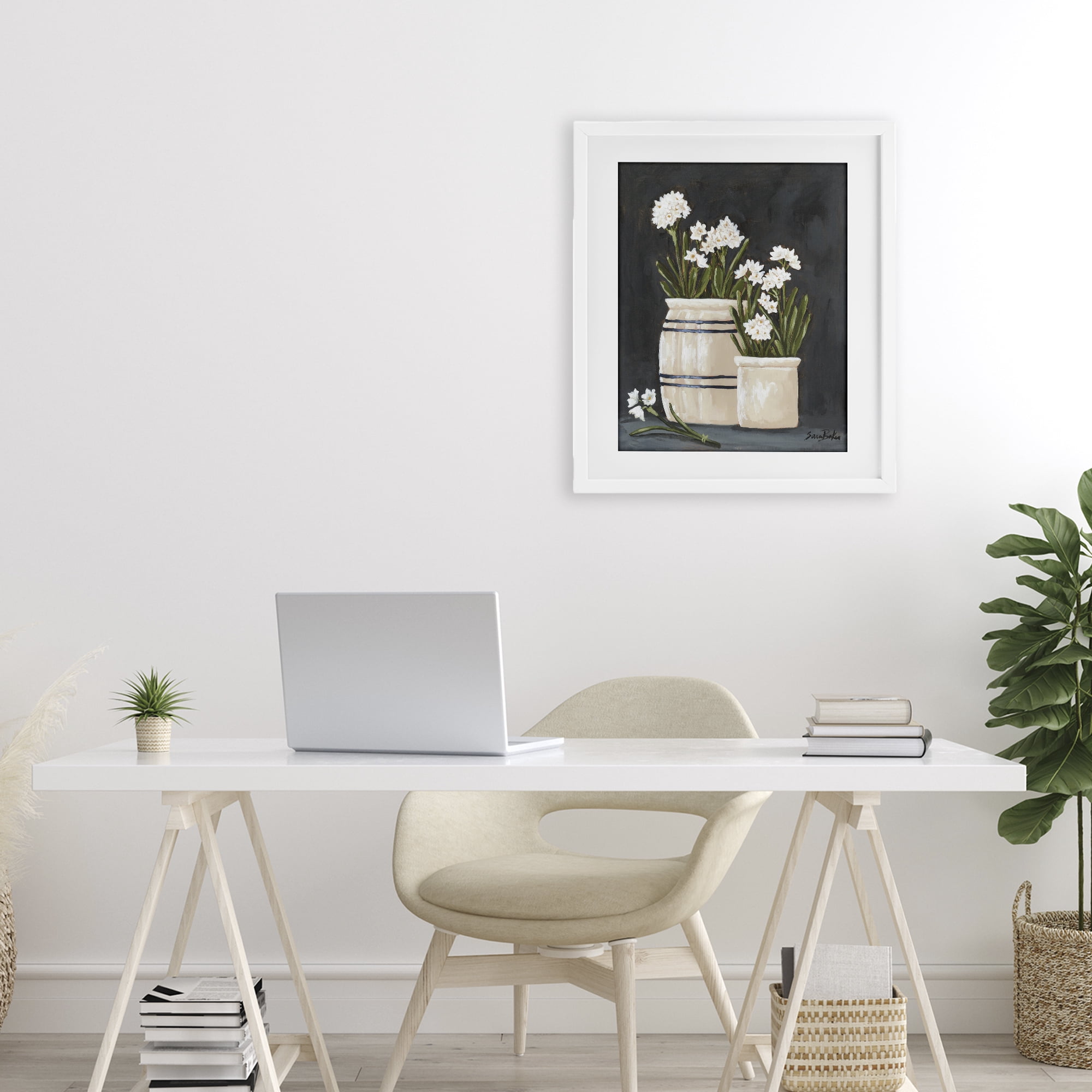 Stupell Industries Vintage Crocks & Paperwhites White Framed Print Under Glass, design by Sara Baker