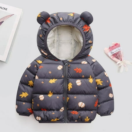 

ZHUASHUM Jacket For Toddler Boys Girls Winter Cartoon Prints Bear Ears Hooded Thicken Windproof Zipper Warm Outwear Kid Coat