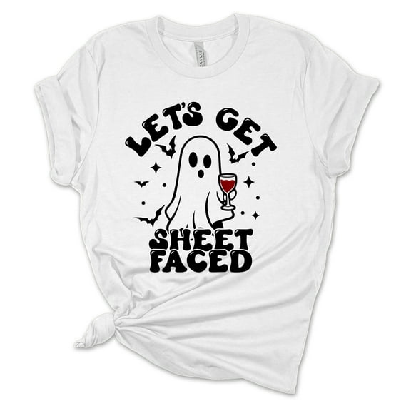 Womens Funny Halloween Tshirt Let's Get Sheet Faced Wine Party Ghost Short Sleeve T-shirt Graphic Tee-White-xl