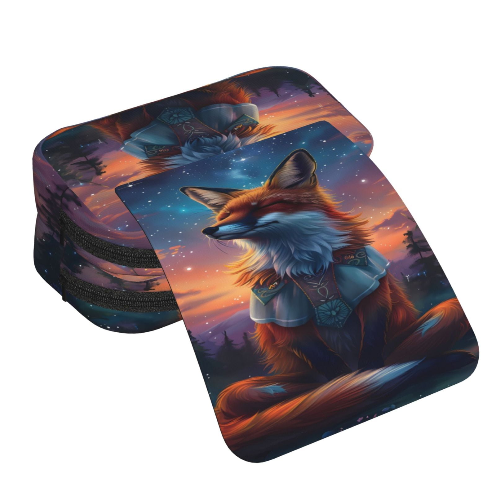 Rateoe Starry Sky Meditating Fox Pattern Double Clamshell Pen Case, Storage Organizer with Two Zipper Compartments– Holds Up to 50 Pencils & Pens