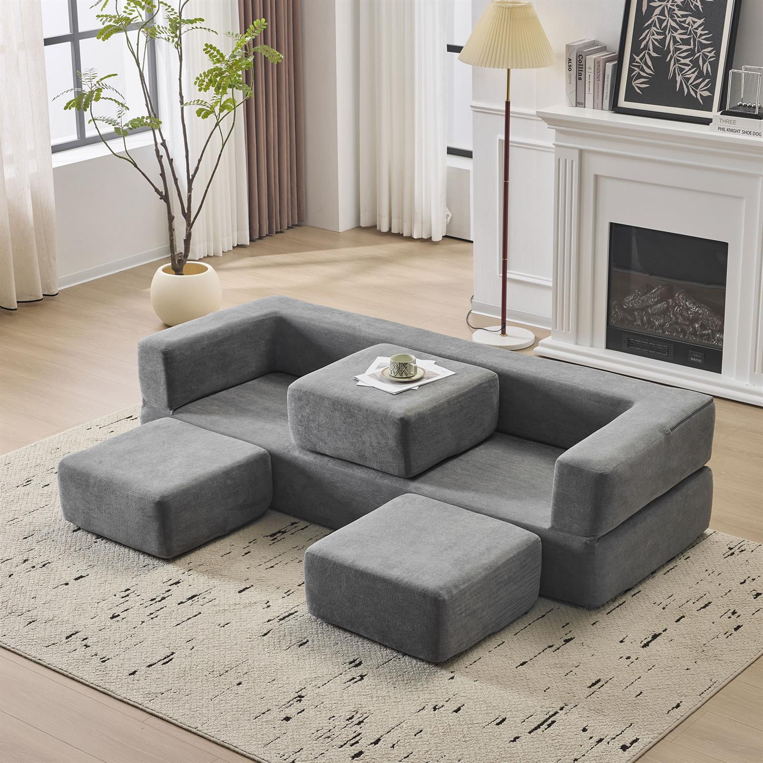 Demi Bonn Convertible Sectional Sofa with 3 Storage Ottomans, Space-Saving Chenille Couch, High-Resilience Foam for Studio Apartments & Home Offices, Gray