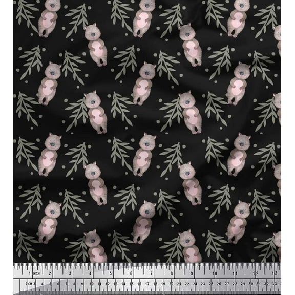 Soimoi Black Cotton Duck Fabric Teddy Bear & Leaves Kids Decor Fabric Printed Yard 44 Inch Wide