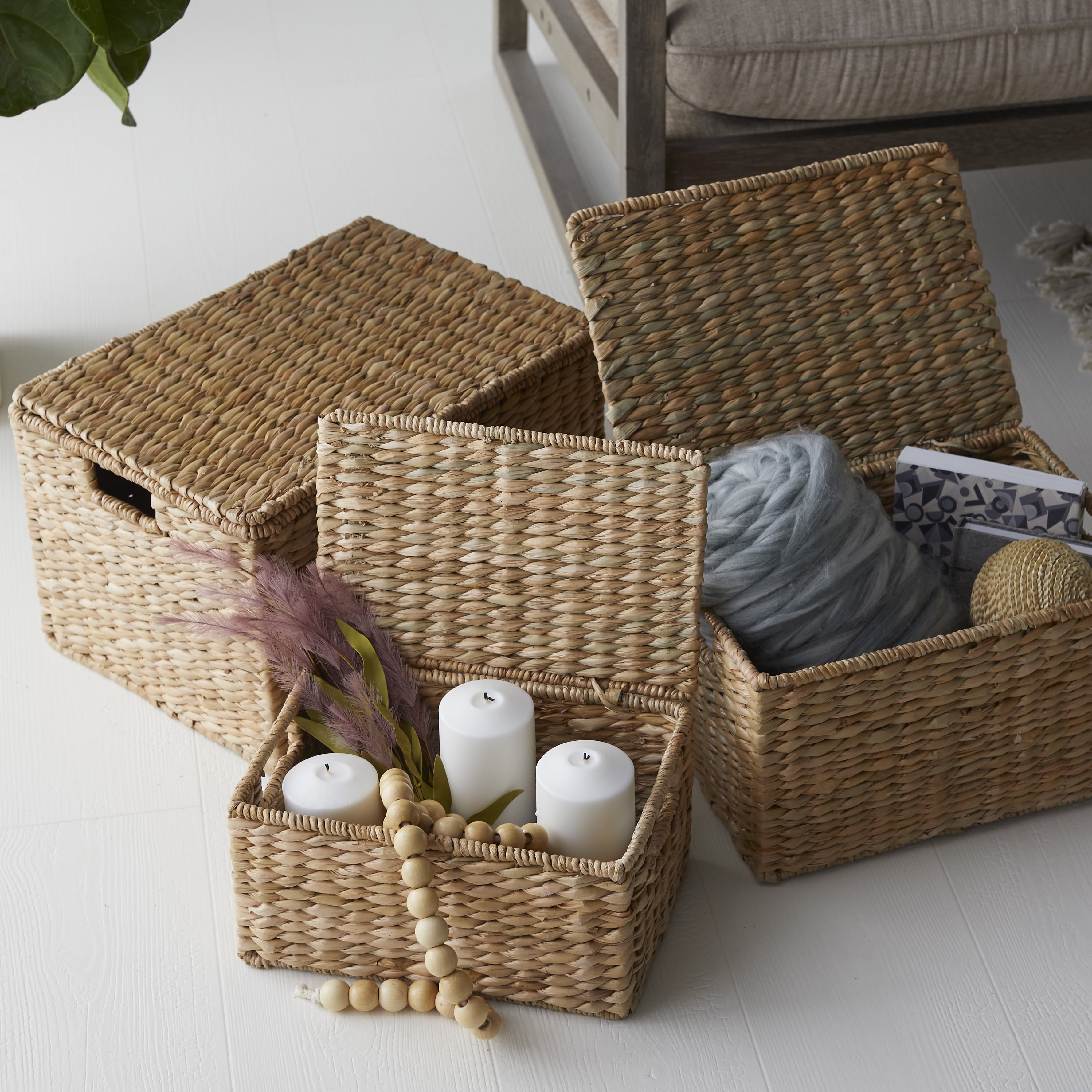 MoDRN Naturals Woven Storage Boxes 3 Set Woven Sturdy Cutout Handles Carrying