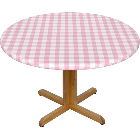 Round Fitted Tablecloth 44 Inch, Pink Buffalo Plaid Elastic Tablecloth for Round Tables Elastic Fitted Tablecloth Wipeable Tabletop Cover Table Topper for Dining, Party, Buffet, Wedding