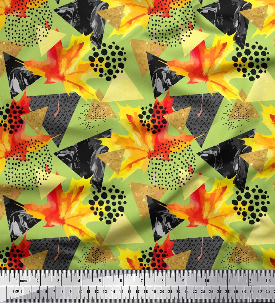 Soimoi Green Rayon Fabric Triangle,Autumn Leaves & Brush Stroke Abstract Print Fabric by the Yard 42 Inch Wide