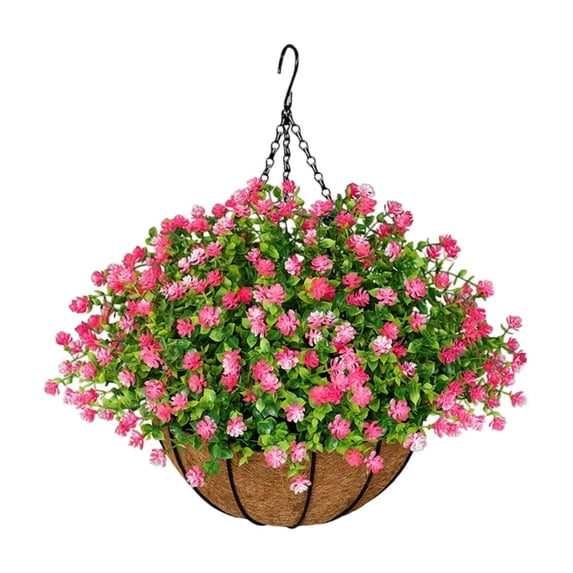Artificial Flower Hanging Basket Faux Eucalyptus Palm, Realistic Silk Flower Arrangement for Outdoor Garden, UV Resistant Decorative Planter