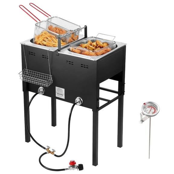 KFFKFF Outdoor Propane Deep Fryer, Dual-Tank 16QT x 2 Large Capacity Stainless Steel Fryer with 3 Baskets, Thermometer, Floor-Standing Design for Events, Camping, and Catering, 50,000 BTU