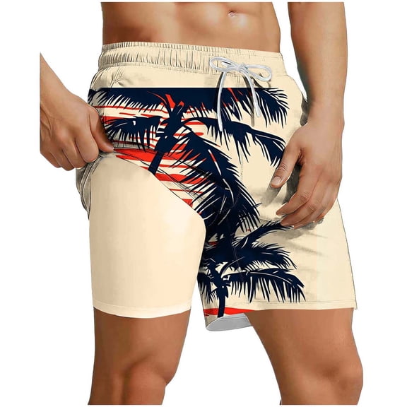 Rvwovn Men's Swim Trunks with Compression Liner - Tropical Print Elastic Waist for Beach Board