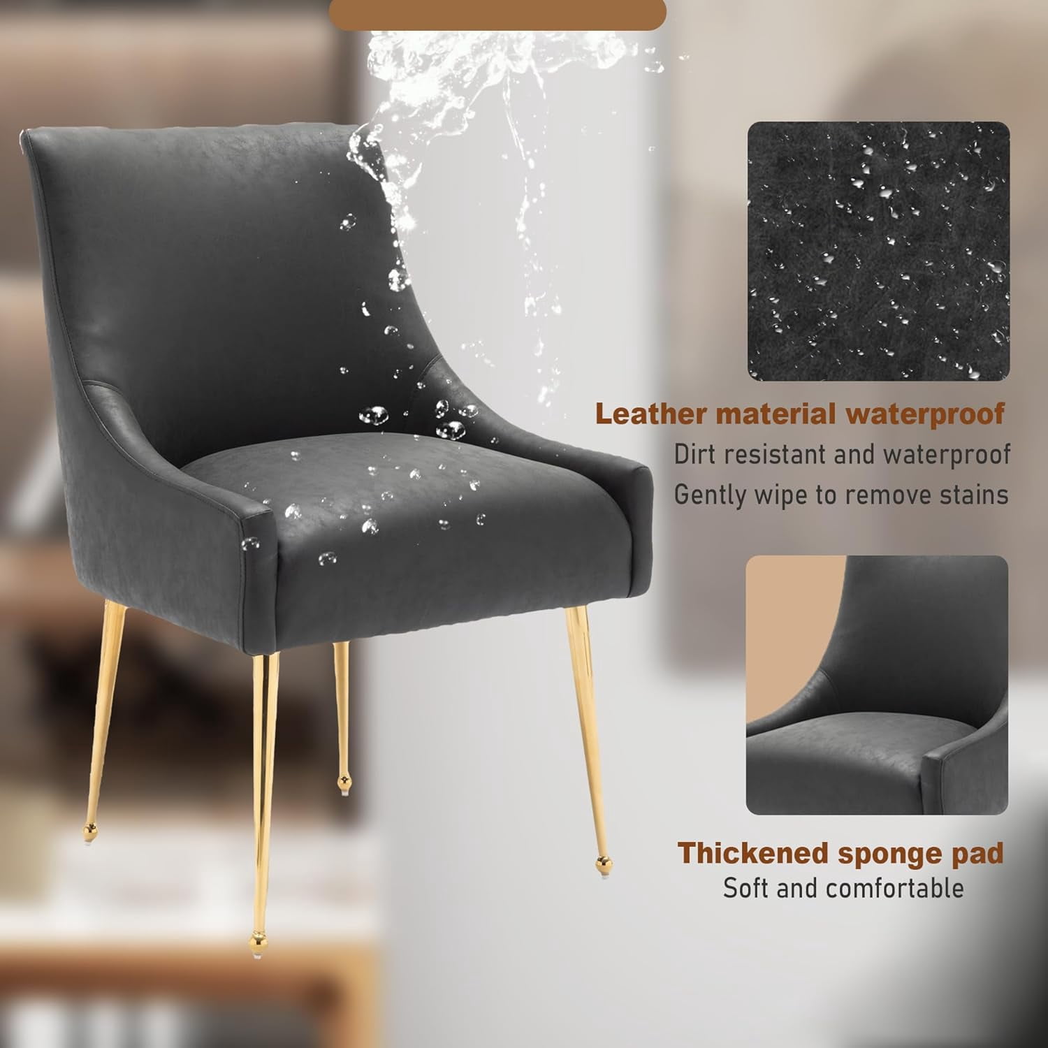 SEYNAR Modern Glam PU Leather Dining Chair or Vanity Chair Set of 2 with Rear Handle(Black)