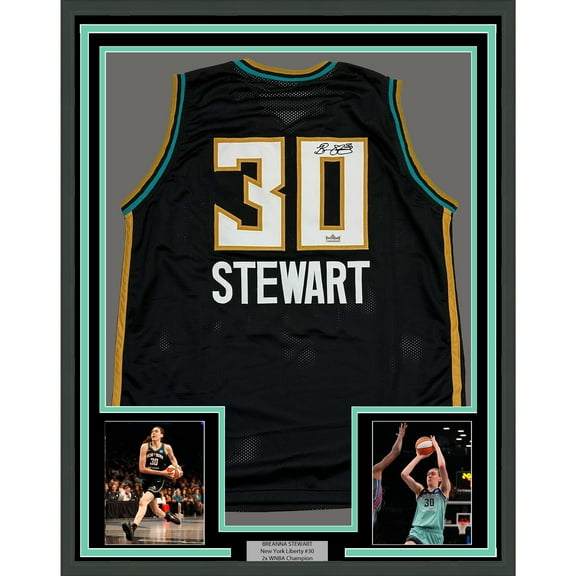 Framed Facsimile Autographed Breanna Stewart 35x39 New York Black Reprint Laser Auto Basketball Jersey