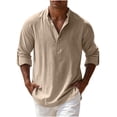 thumbnail image 2 of LEKWK Casual Henley Shirts for men Long Sleeve Cotton Linen Band Collar Button Down Beach Tops Lightweight Summer Vacation Pullover Regular Fit Daily Lounge Wear Khaki S, 2 of 8