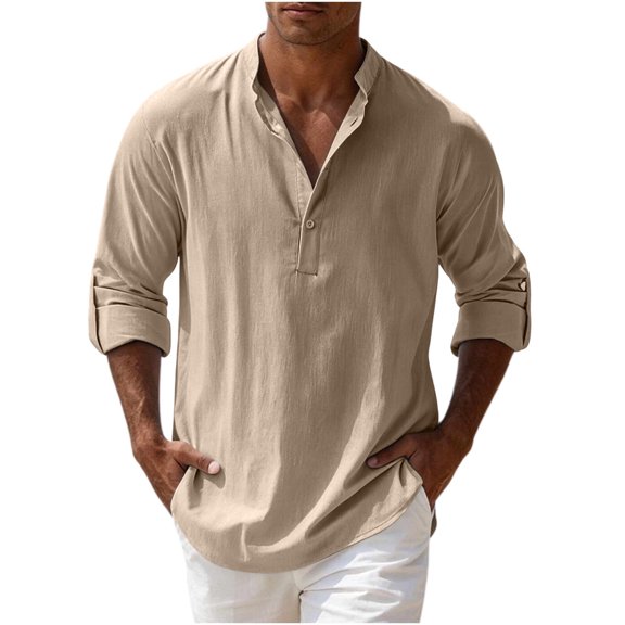 SAWOBUUN Mens Linen Henley Shirts Long Sleeve Breathable Pullover Top Loose Fit Casual Beach Vacation T-Shirt