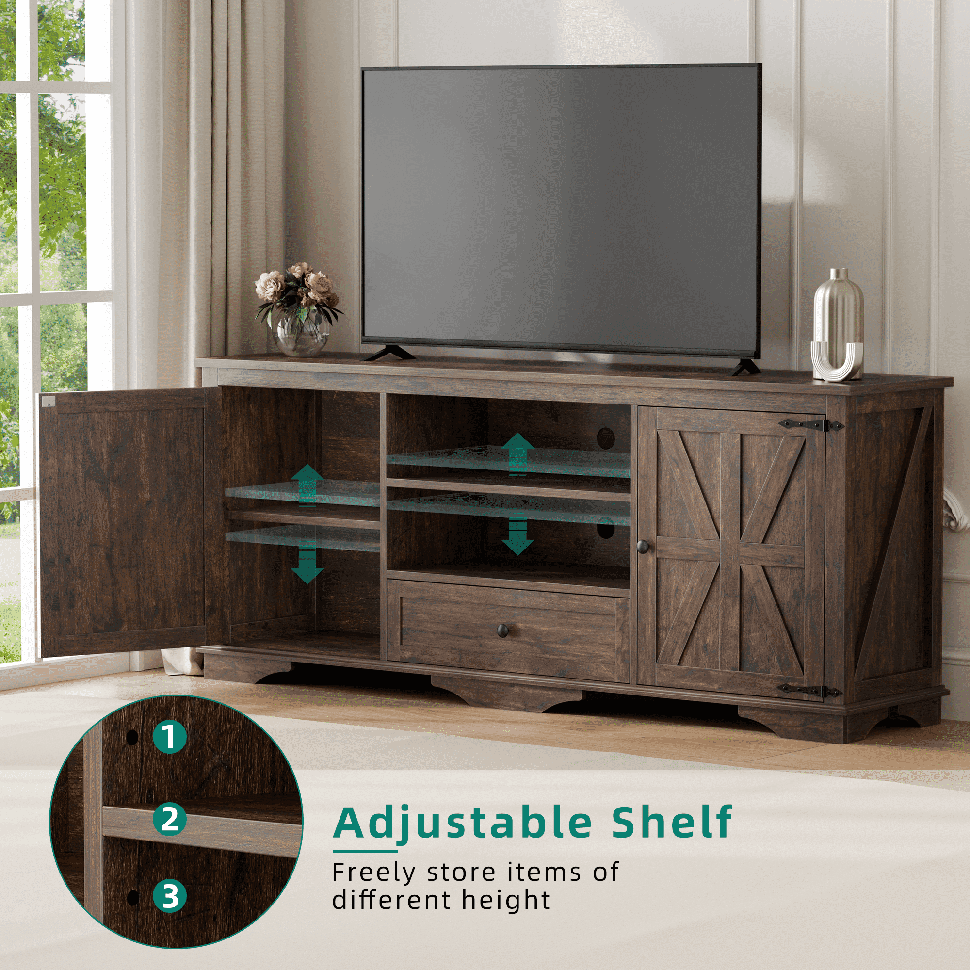 Laintene TV Stands for 65" TV, Entertainment Center with Barn Door, Adjustable Shelves & Storage Cabinets, Solid Wood Media Farmhouse TV Console for Living Room, Brown