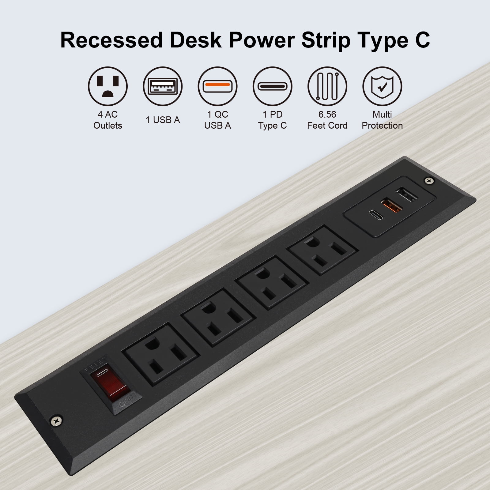 HdcTek Recessed Power Strip with USB C 20W PD Fast Charge Desk Power Outlet 4 Outlets 3 USB Ports 6.56ft Extension Plug