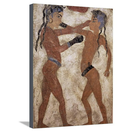 Fresco of Children Boxing from Akrotiri, Island of Santorini, Greece Stretched Canvas Print Wall Art By Gavin