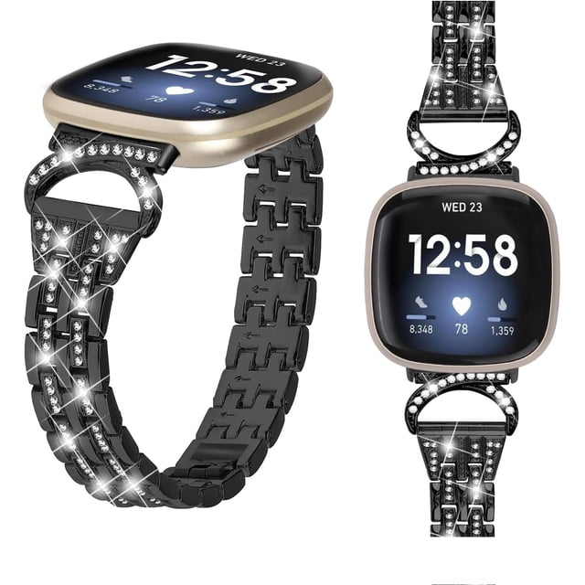 REQO Metal Bands Compatible with Fitbit Sense 2/Sense/Versa 4/Versa 3 Bands, Adjustable Classic Stainless Steel Bands Diamond Rhinestone Links Bracelet Band for Man&Women