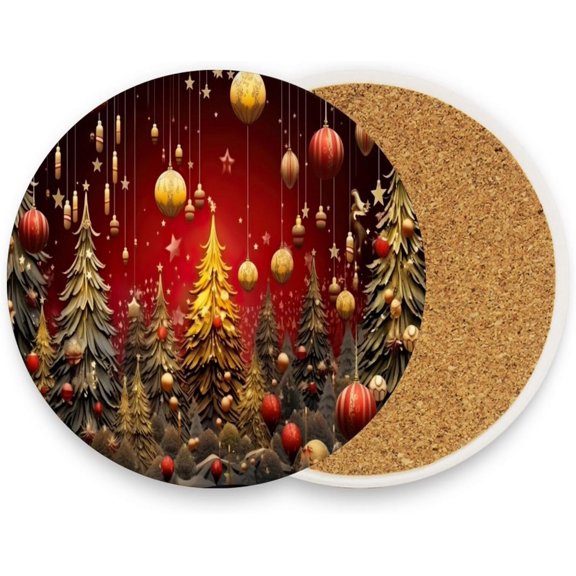 Beautiful Christmas Trees Coasters Absorbent Moisture Non-Slip Drink Coaster Ceramic Stone with Cork Base Desktop Protection, 2PCS