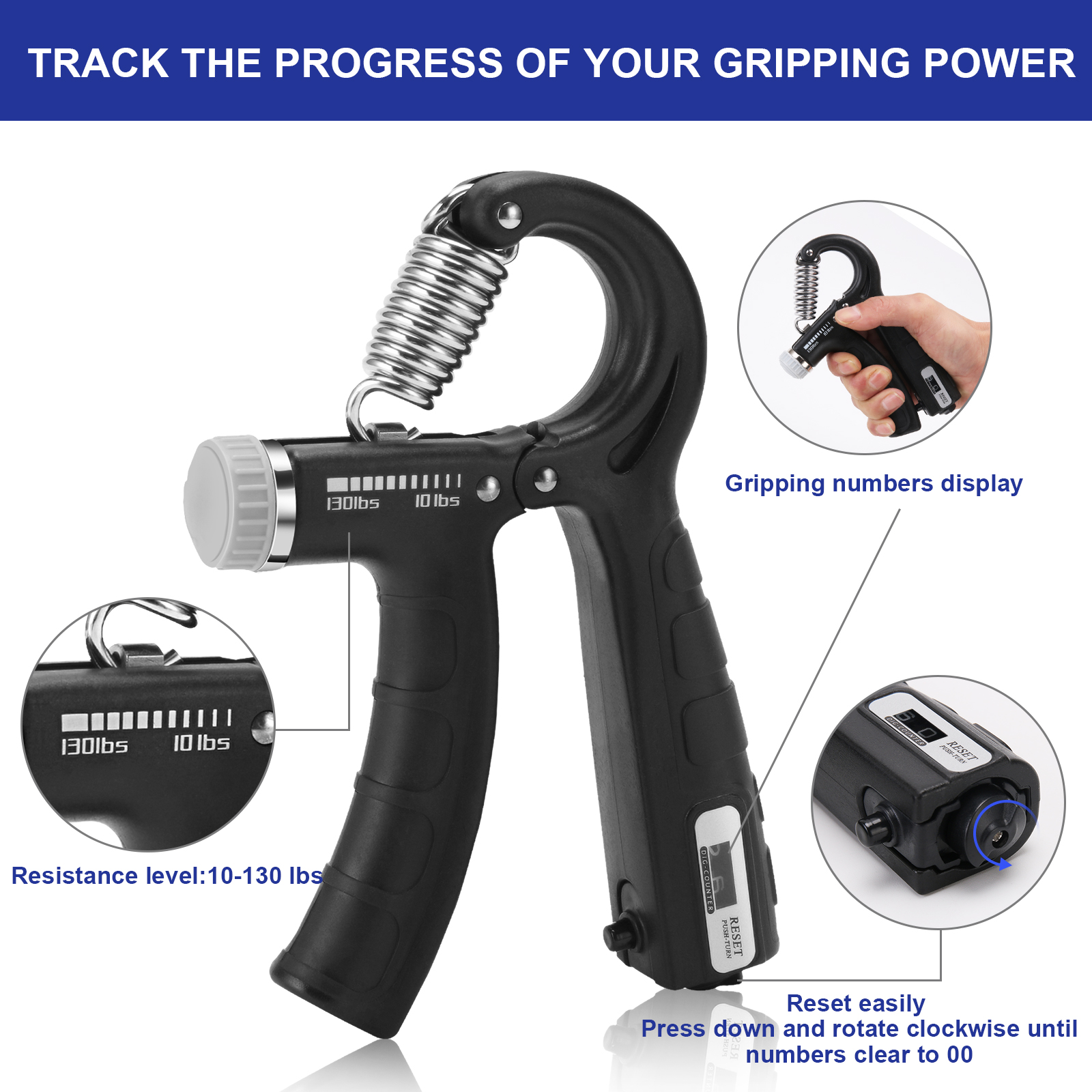 XPRT Fitness Adjustable and Counting Hand Grip Strengthener, To Develop Strength in Fingers, Hand, Wrist & Forearm, track your strength workout progress, 10-130LB resistance, SINGLE