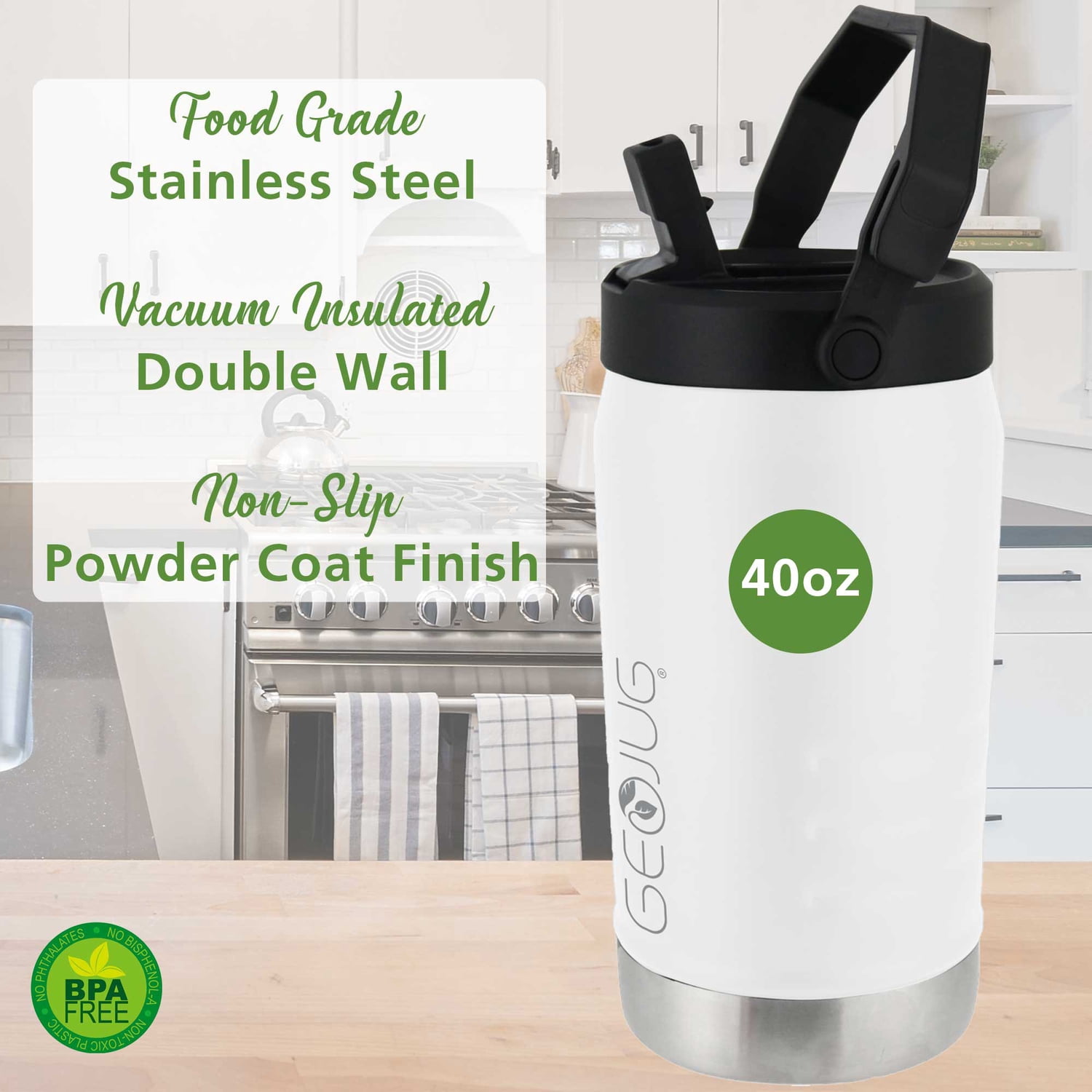 Brentwood Geojug Vacuum-Insulated Stainless Steel Sports Water Jug with Spout Straw Lid, and Handle with Fence Hook (40 Oz.; Cream), G-1200CRMPT