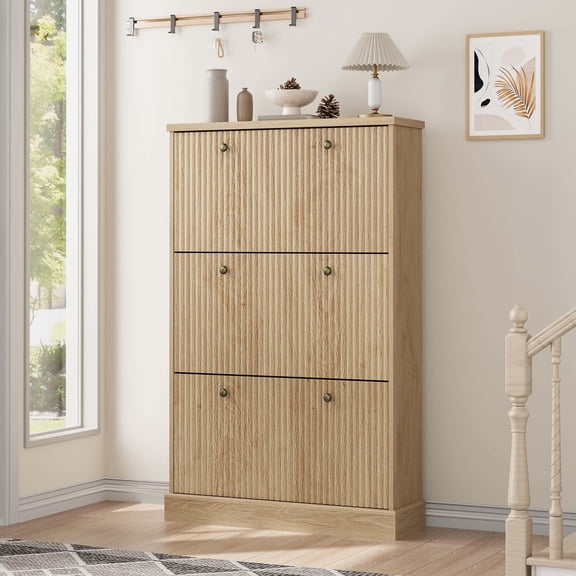 Shoe Cabinet with 3 Flip Drawers, Hidden Wooden Fluted Shoe Cabinet with Adjustable Shelf, Freestanding Shoe Storage Cabinet for Entryway Hallway, Living Room, Natural Oak