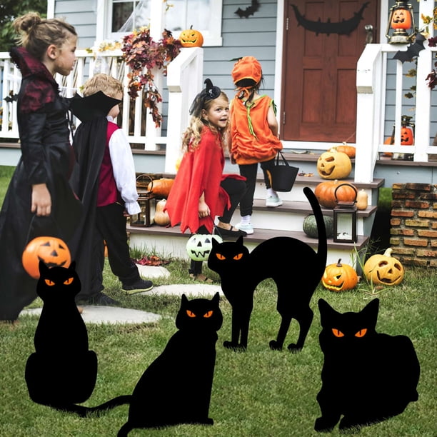 Adorno de Jardín de Hierro Forjado para Halloween | Set de 4 Gatos de Diferentes Estilos | Material Acrílico Resistente | Resistente a La Intemperie | Tamaño: 24 Cm | Incluye Taco para Enterrar
