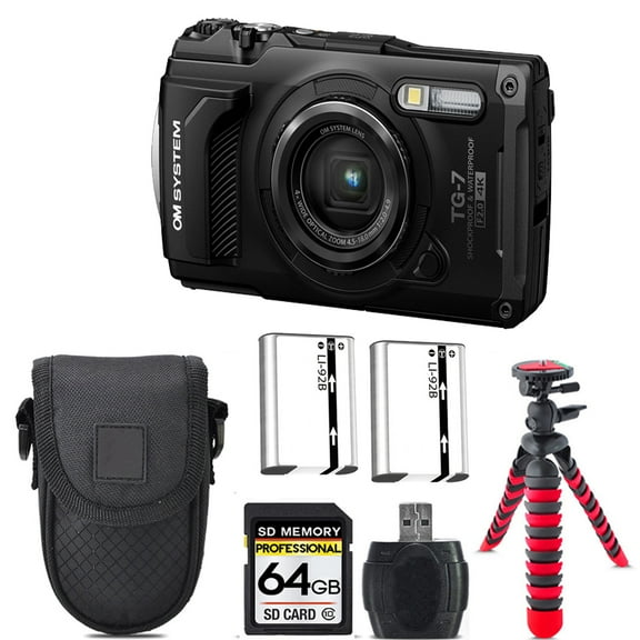Olympus OM SYSTEM Tough TG-7 Digital Camera (Black)   Extra Battery  Tripod   Case -64GB Kit (International Version)
