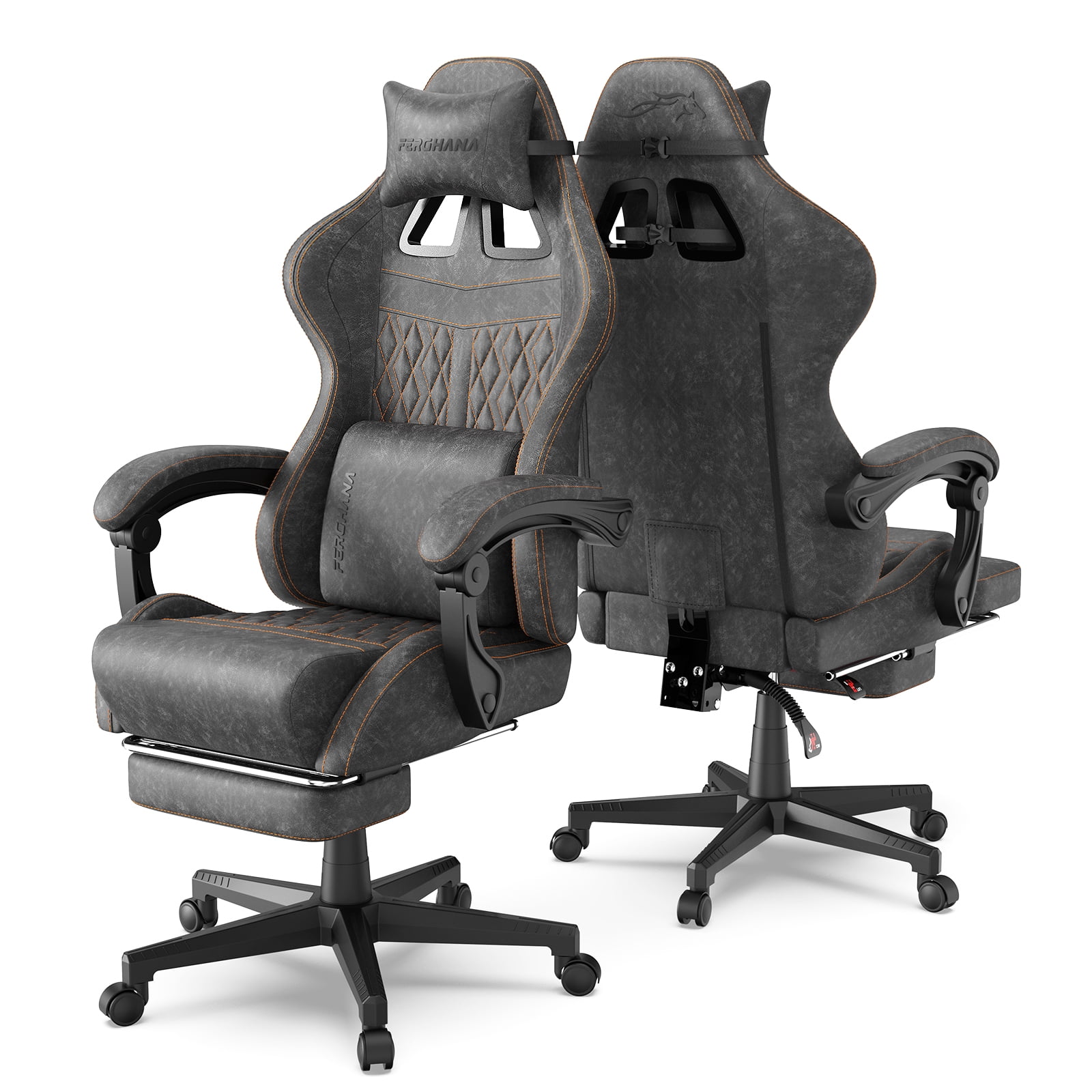 Luxvie Gaming Chair with Footrest Computer Ergonomic Office Chair with Massage Lumbar Support & Headrest, High Back Vintage Game Chair for Adults and Kids, Gray