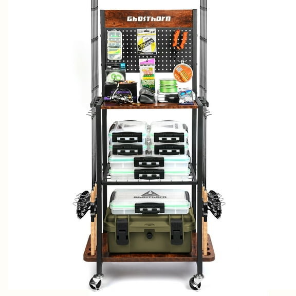 Ghosthorn Fishing Rod Holder with Back Panel: A Robust Fishing Rod Rack & Storage Cabinet, Capable of Holding Up to 12 Fishing Rods, Perfect for Garage Organization and an Ideal Fishing Gift for Men