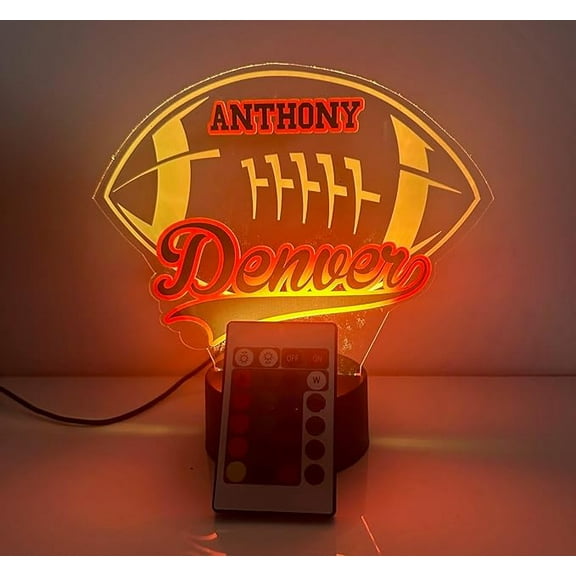 American Football Sports Fan Team Sports Themed Ball Lamp Night Light LED Personalized Free Name Room Man Cave Decor 16 Colors & Remote, Made in America! (Denver)