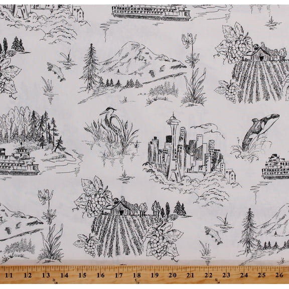 Cotton Seattle Washington Pacific Northwest Cottage Clothworks Whale Mount Rainer Cream Black Cotton Fabric Print by the Yard (Y2485-3BLACK)
