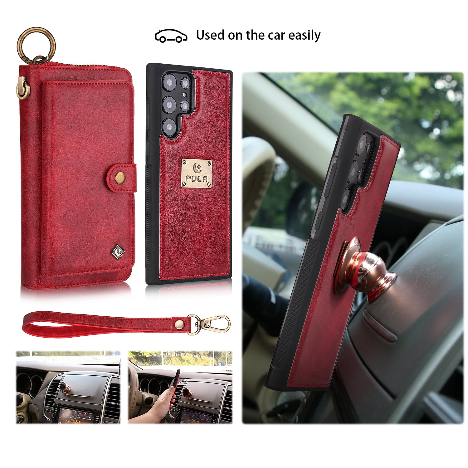 Samsung Galaxy S22 Ultra Leather Flip Case Cover, Galaxy S22 Ultra Zipper Wallet Case for Women and Men, Dteck 14 Card Holder Zipper Pocket Magnetic Detachable Wallet Folio Case Leather Pouch,Red