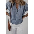 thumbnail image 4 of Women's Dusk Blue V Neck Ruffled Short Puff Sleeve Denim Top - Stylish Casual Wear - [ZhiHiMeRi] | (US 12-14)L, 4 of 12