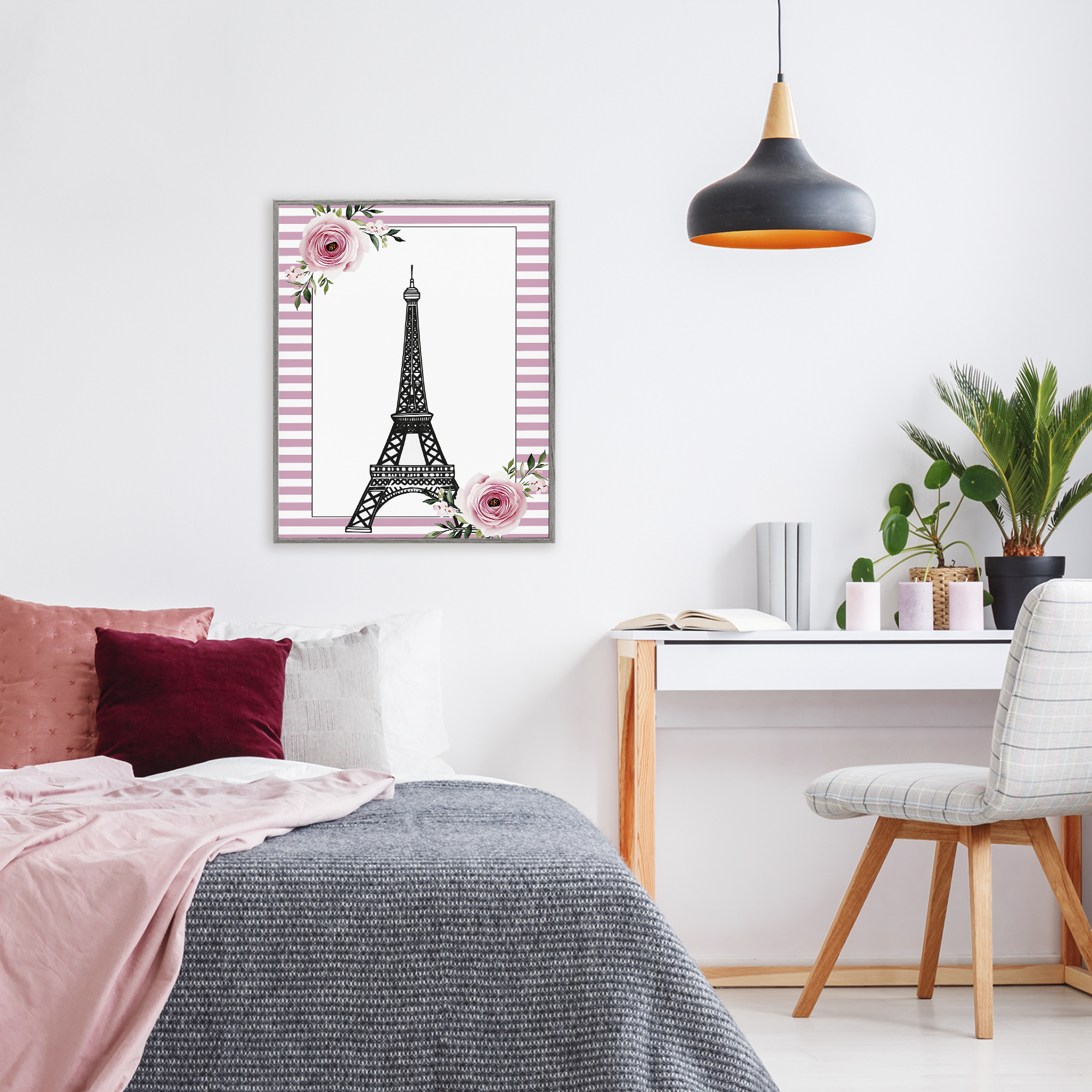 Parisian Tower & Roses Gray Framed Giclee Art, design by Christine Simpson Art