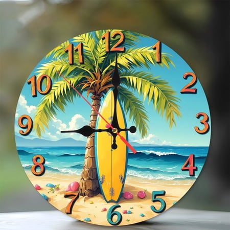 Beach Surfboard Palm Tree Wall Clock Summer Decor 10-Inch Silent Wooden Wall Clock, Battery Operated (AA Batteries Not Included), Artistic Home Decor