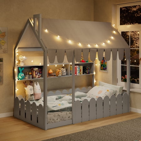 Harper & Bright Designs Twin House Floor Bed with Tent & Lights, Wooden Twin Size Montessori Floor Bed Frame with 3 Storage Shelves, Low Profile Bed with Fence Railings, Gray