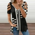 thumbnail image 2 of Stylish Black And White Check And Stripes Womens Summer V Neck Zipper Top Short Sleeve T Shirt Off Shoulder Top Casual Classy Loose Shirts, 2 of 7