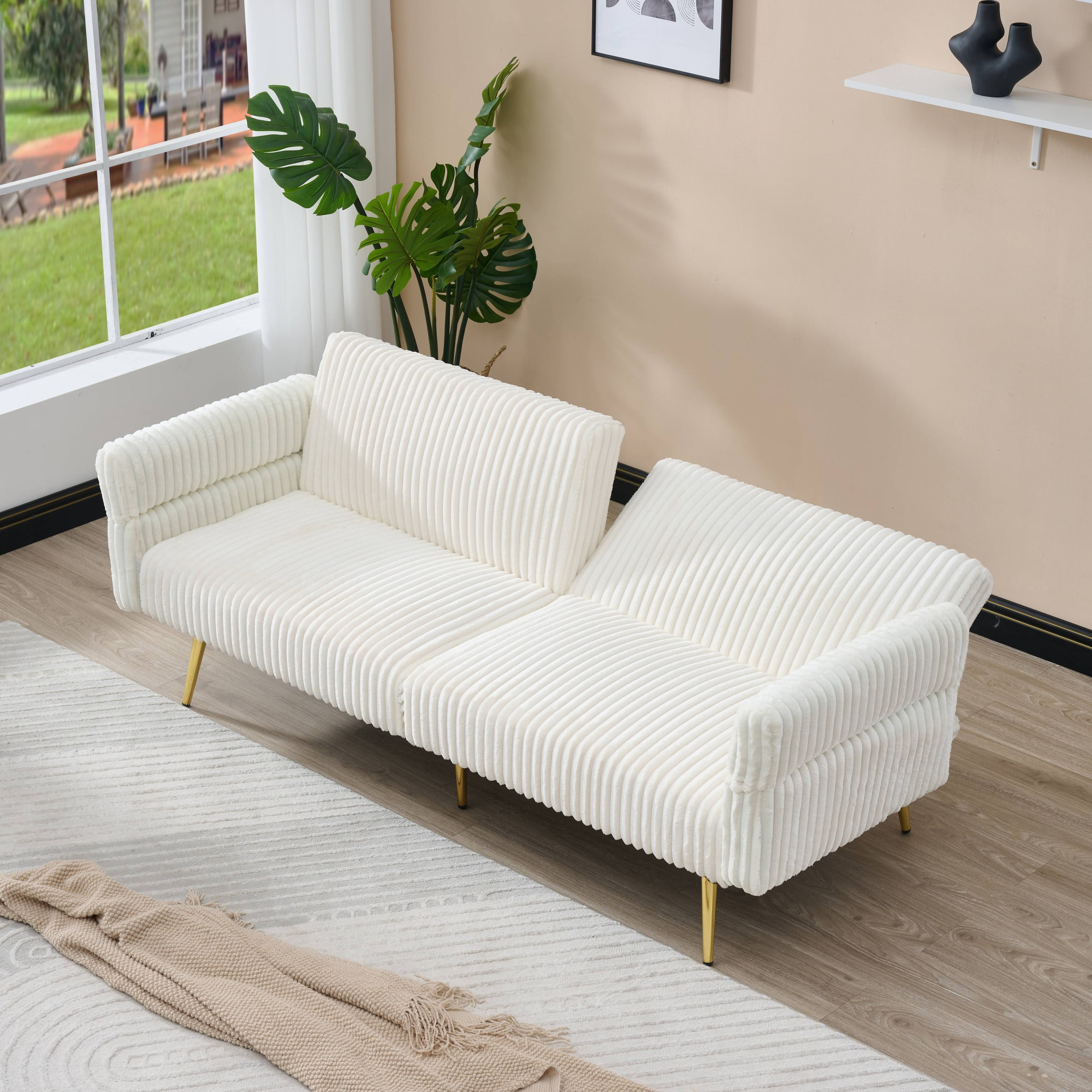 79 inch Convertible Folding Futon Sofa Bed Sleeper Couch for Living Room Corduroy Upholstered Recliner Loveseat Lounge wtith Adjustable Armrests,2 Throw Pillows,White