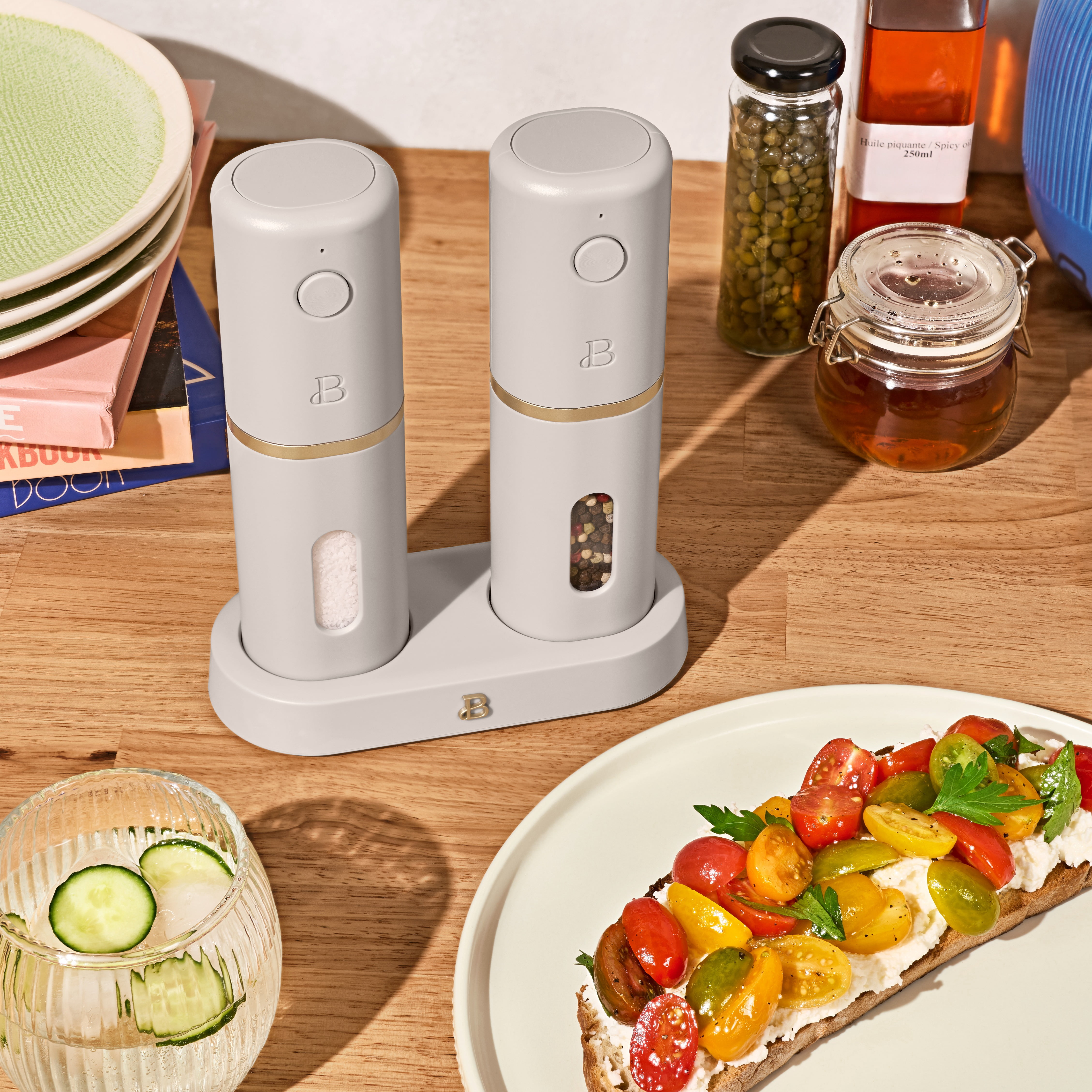 Beautiful 3-Piece Rechargeable Electric Salt and Pepper Grinder Set with Charging Base, Porcini Taupe by Drew Barrymore