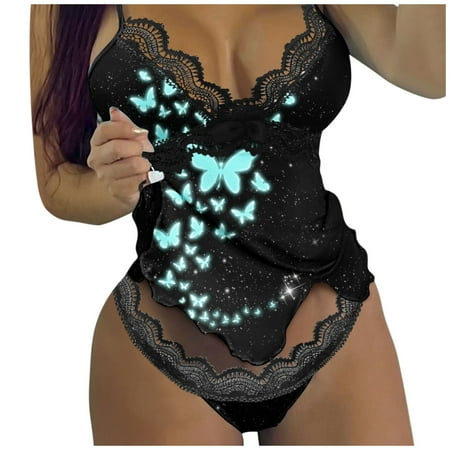 

Knosfe Women Criss Cross Cami Thong Set Pjs Lace Two Piece Butterfly Print Pajamas Set S