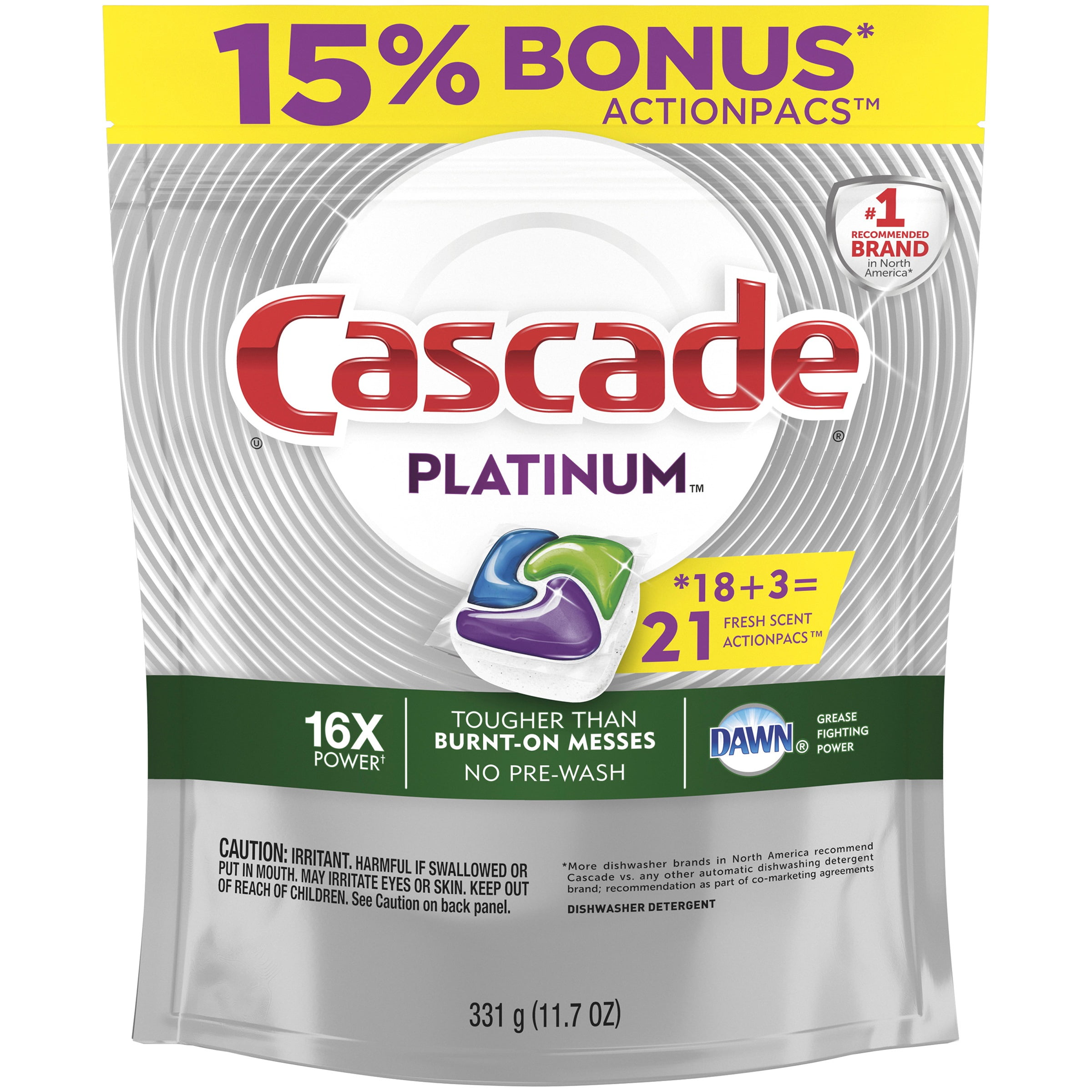 Photo 1 of Cascade Platinum ActionPacs Dishwasher Detergent Lemon Scent, 21 ct (Pack of 5)
