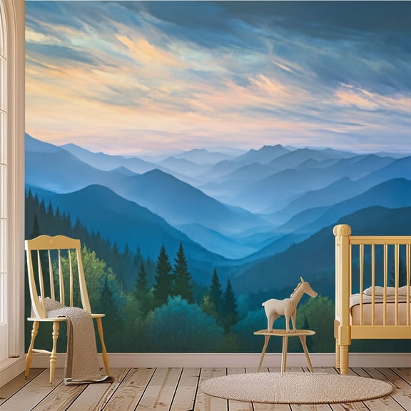 69"x98" Wall Mural Peel and Stick Wallpaper Blue Ridge Mountain Landscape Sunset Sky Misty Layers Wall Decor Self Adhesive Removable Wall Stickers for Bedroom Living Room