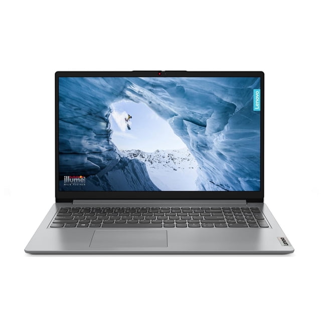 laptop lenovo 1 15iau7 core i3-1215u 256gb ssd 8gb 15.6' fhd touch multicolor Vista frontal del Lenovo IdeaPad 1 abierto; pantalla táctil Full HD 15.6" (1920x1080) con imagen de paisaje, carcasa gris multicolor, teclado en isla, trackpad y cámara en el bisel superior. Especificaciones: Intel Core i3-1215U, 8 GB DDR4, 256 GB SSD, Windows 11 Home in S mode; apto para tareas diarias y estudio.